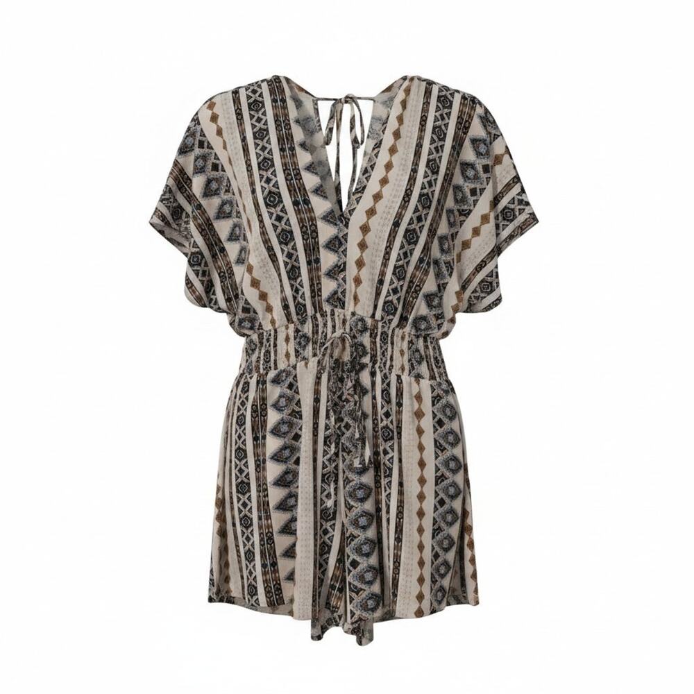Niay Geometric Tribal Print Romper Size L 8/10 Blue White Boho Festival Summer